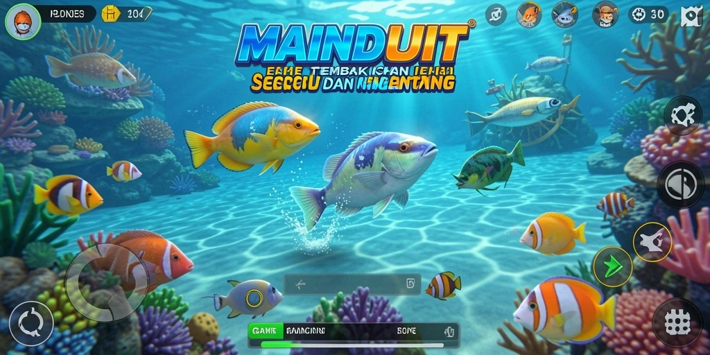 Tampilan gameplay <strong>MAINDUIT</strong> menembak ikan yang penuh warna dan dinamis.